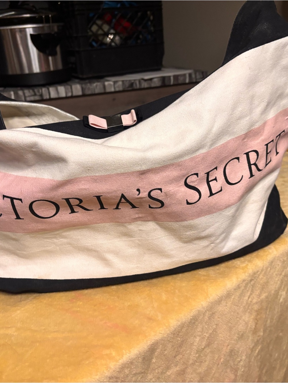 Victoria's Secret Cream and Pink Canvas Logo Tote